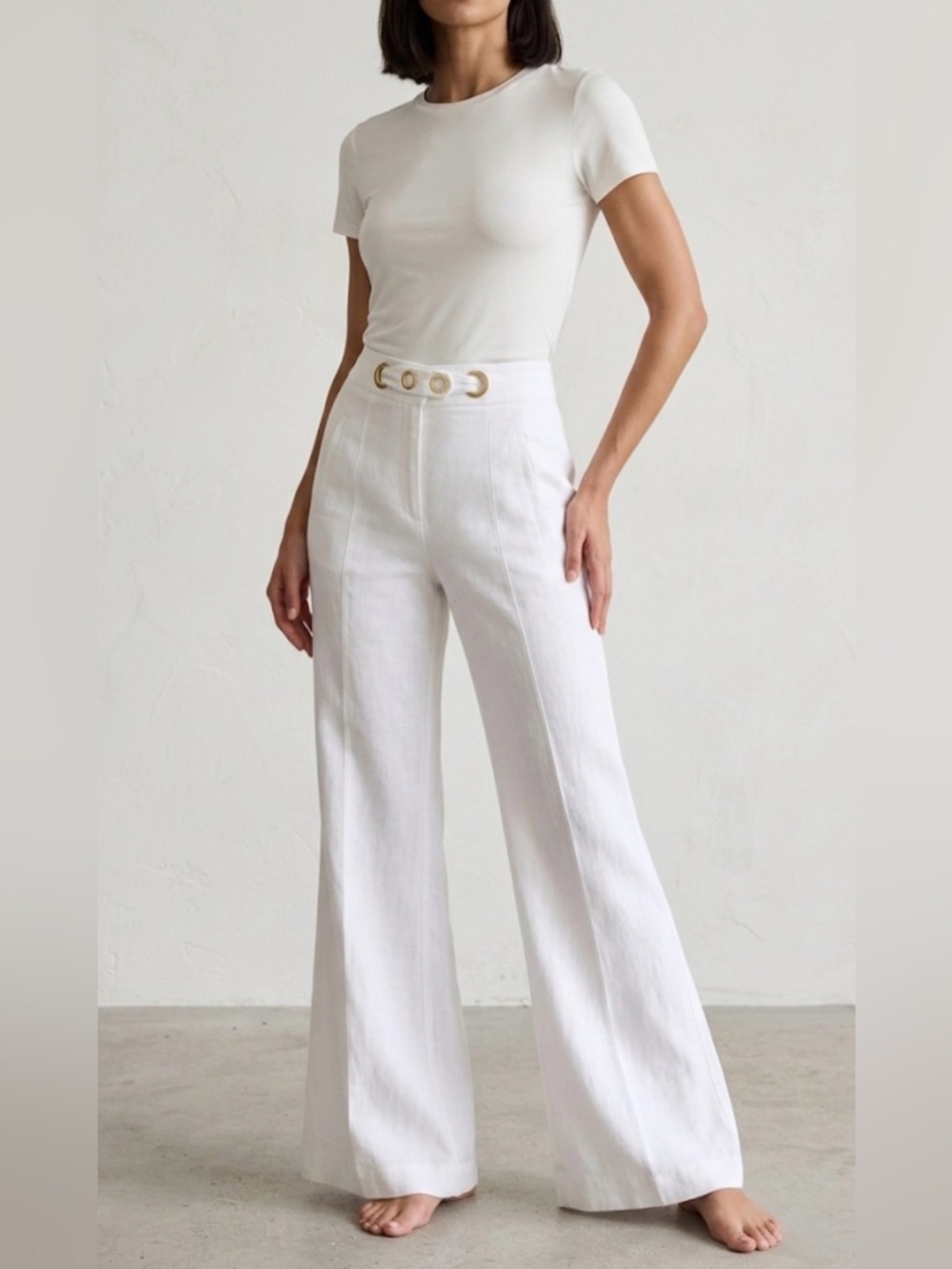 Armani Exchange High-Waist Wide-Leg Pants with Gold Ring Waist Detail